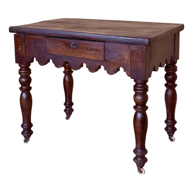 French 19th Century Writing Table on Wheels Carved Walnut Desk For Sale
