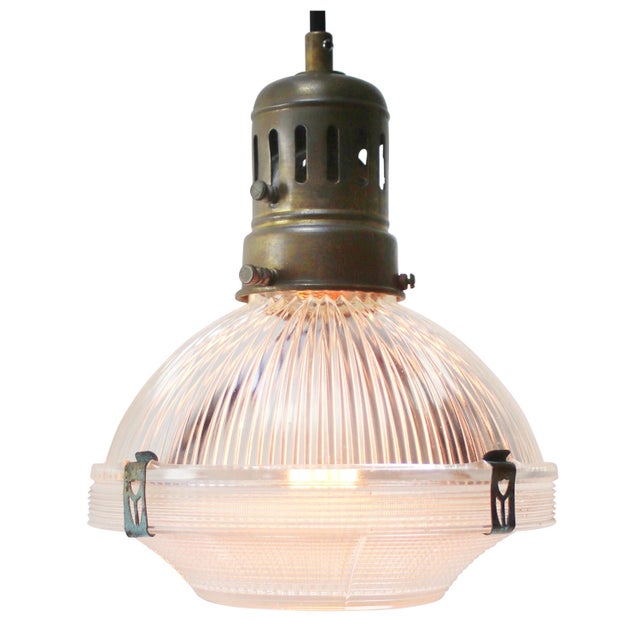 Vintage Industrial Glass and Brass Pendant Light from Holophane, France For Sale - Image 6 of 7