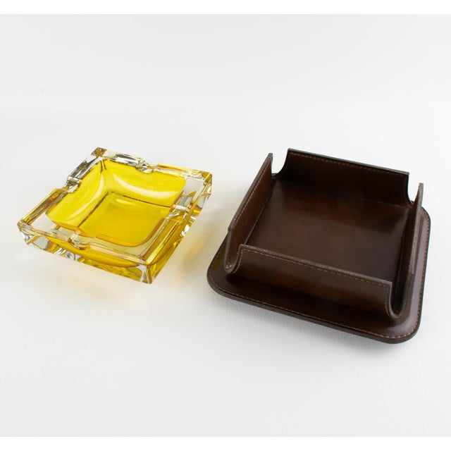 Glass Mid-Century Leather and Crystal Ashtray Catchall Desk Tidy For Sale - Image 7 of 17