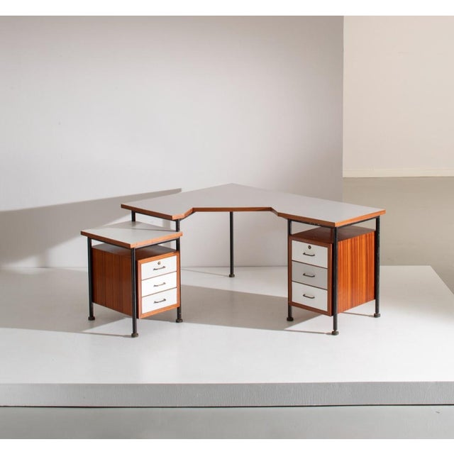 Corner Desk in Painted Metal, Wood, Formica, and Brass by Sergio Coradeschi, 1950s, in Very Good conditions. Designed 1950...