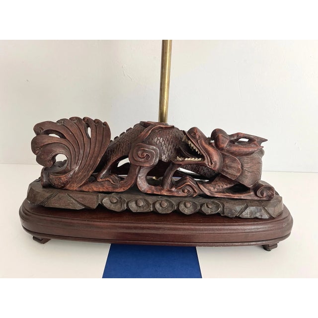 Asian Carved Wood Dragon Roof Tile Lamp & Shade For Sale - Image 4 of 15