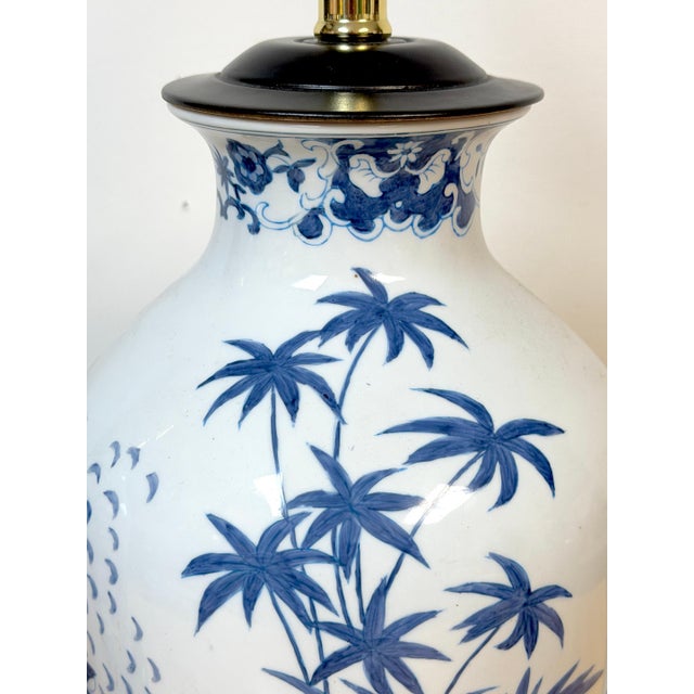 White Pair Chinese Canton Style Blue and White Palm Tree Porcelain Vases, Now as Lamps For Sale - Image 8 of 10