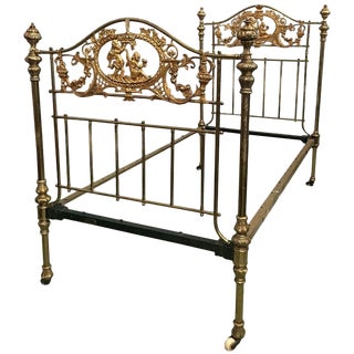 English Bronze and Brass Twin Extra Large Bed With Cherubs, Headboard, Signed For Sale