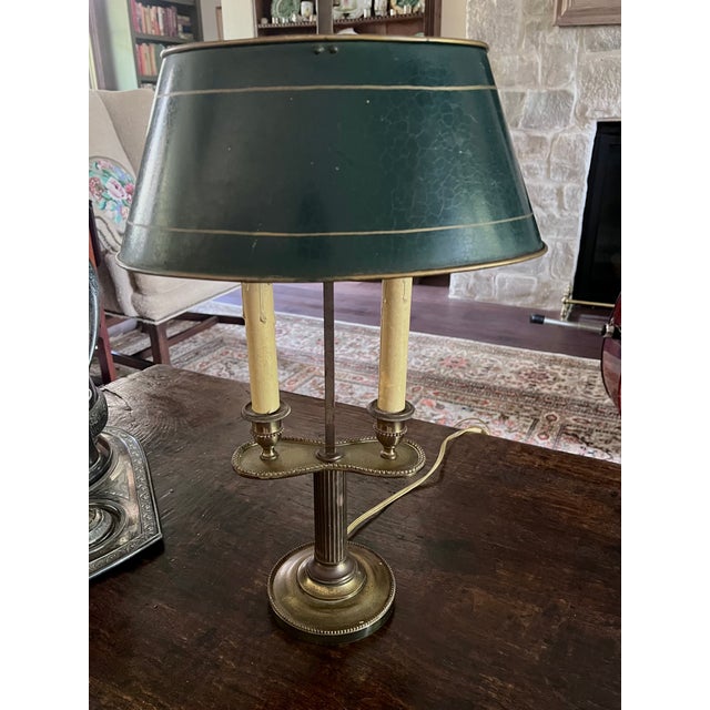 French Vintage French Brass Bouillotte Two Candle Lamp W/Green Metal Shade For Sale - Image 3 of 14