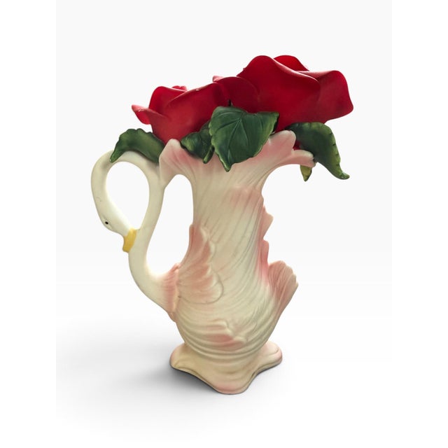 Late 20th Century Vintage Classic Treasures Swan Vase With Porcelain Red Roses, 8” For Sale - Image 5 of 6