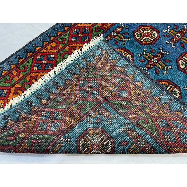 Extra-Long Teal Blue Tribal Wool Runner Rug With Geometric Medallions ...