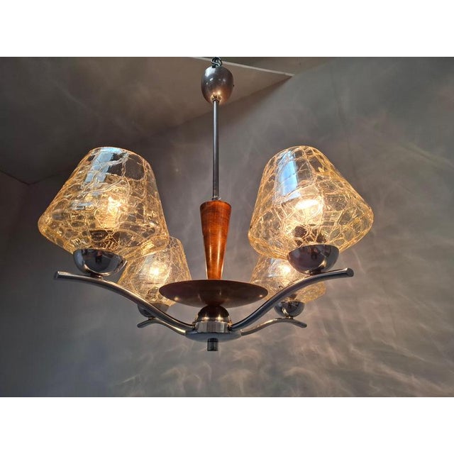 1960s Mid-Century Modern Czech Glass, Wood and Chrome 4-Armed Chandelier from Napako, 1960s For Sale - Image 5 of 18