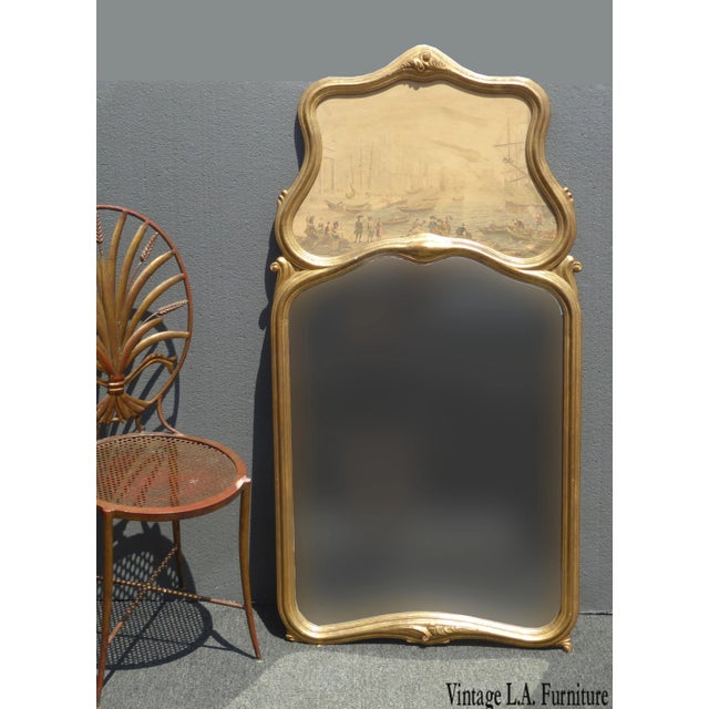 French Vintage Trumeau Wall Mantle Mirror Made in Italy Picture of Boats in Harbor For Sale - Image 3 of 13