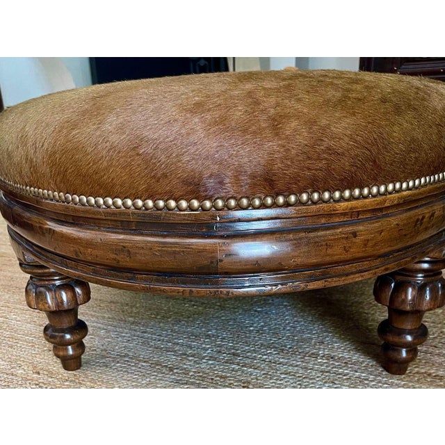 18th C Style Brindle Cowhide Oval Walnut Ottoman.