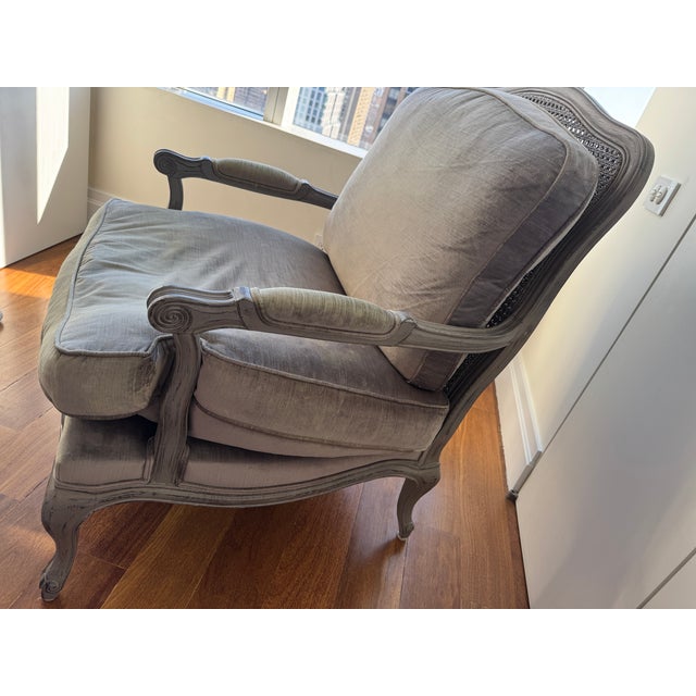 French Provincial French Provincial Bergère Armchair – Gray Velvet & Painted Wood For Sale - Image 3 of 5