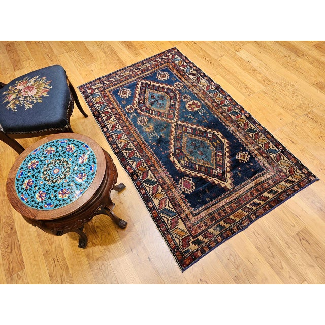 19th Century Caucasian Kazak Area Rug, Hand-Knotted Wool, Blue & Ivory, 4' x 6' For Sale - Image 10 of 18