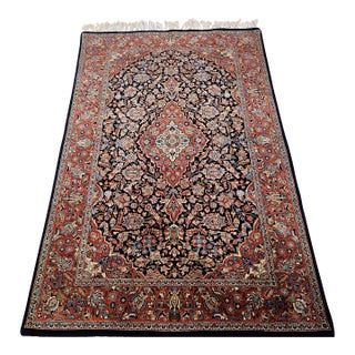 Vintage Kashan Area Rug, Handwoven Floral Pattern, Navy & Brick Red, 4’ X 6’ For Sale