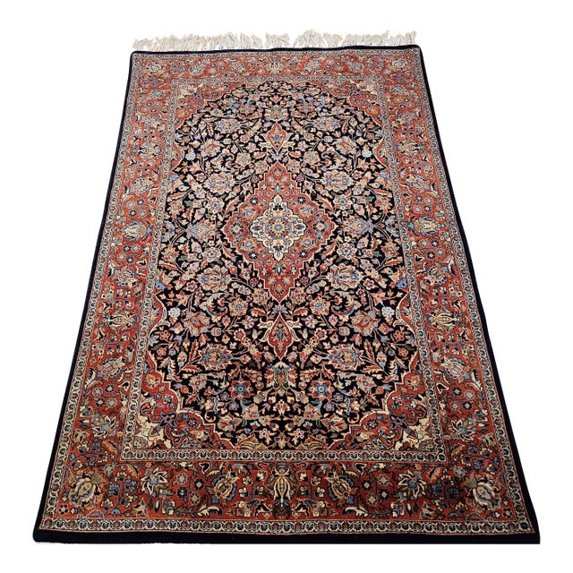 Vintage Kashan Area Rug, Handwoven Floral Pattern, Navy & Brick Red, 4’ X 6’ For Sale