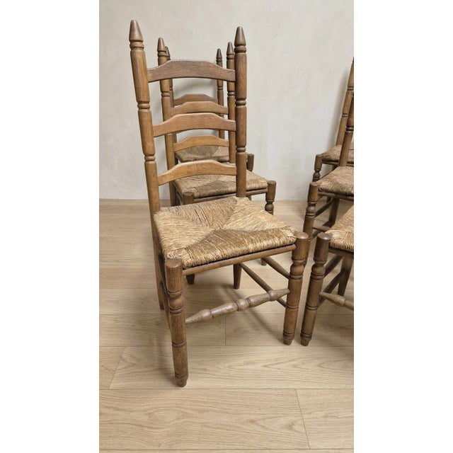 Vintage Wooden Ladder-Back Dining Chairs with Woven Seats, 1940s, Set of 6 For Sale - Image 9 of 11