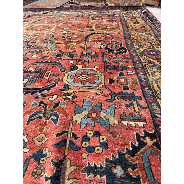 Antique Heriz Village Carpet Rare Camel Border with Coral Ground in Naive Harshang Design with Sickle Leaf Motif Rug 9.4 x 11.4 For Sale - Image 13 of 16