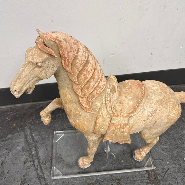 Antique Pottery Tang Dynasty Style Horse + Lucite Stand For Sale - Image 12 of 12