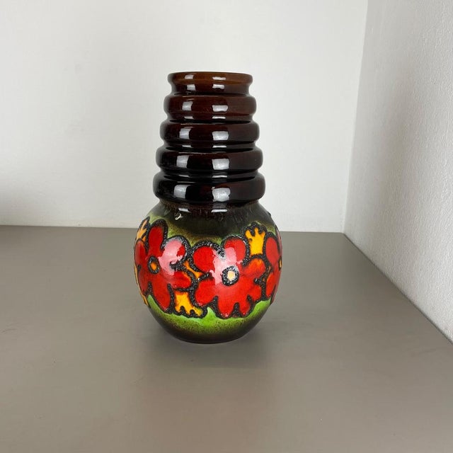 Article: Fat lava art vase extra large version with floral illustration. Producer: Scheurich, Germany. Decade: 1970s :...