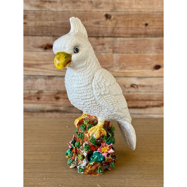 Mid-20th Century Italian Ceramic White Cockatoo Figurine on Floral Tree Stump For Sale - Image 4 of 12
