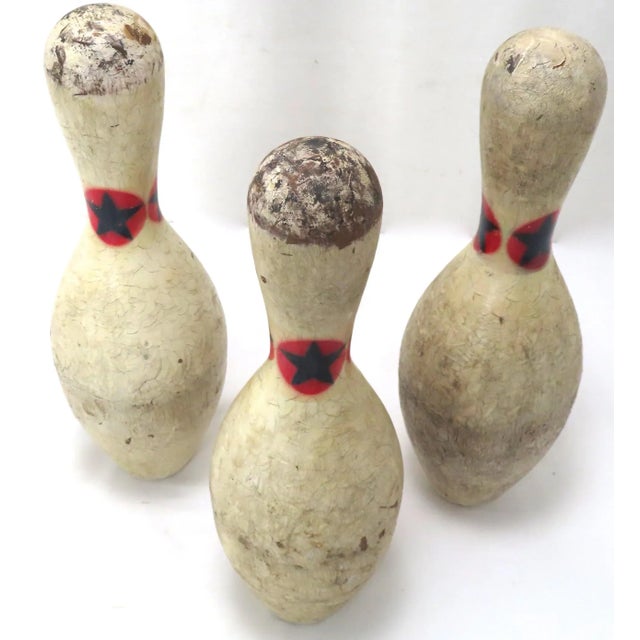 Original Vintage American Mid 20th Century Wood Bowling Pins. Lot of 3