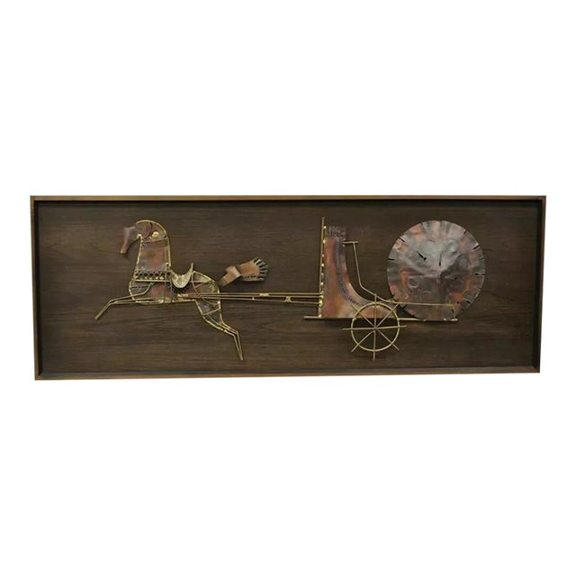 Vintage Mid Century Modern Brutalist Gilt Metal Horse & Chariot Wall Art For Sale