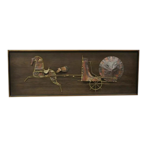 Vintage Mid Century Modern Brutalist Gilt Metal Horse & Chariot Wall Art