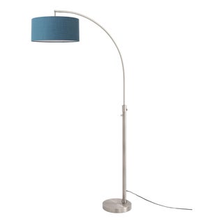 Nova Float Contemporary Chairside Arc Floor Lamp - Satin Nickel Finish Steel Base, Turquoise Linen Drum Shade, Dimmable, 75 Inch Modern Statement Lamp For Sale