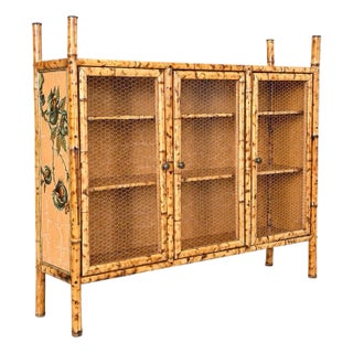 Vintage Tortoise Bamboo Chicken Wire Sideboard Cabinet With Decoupaged Appliqué Panels For Sale