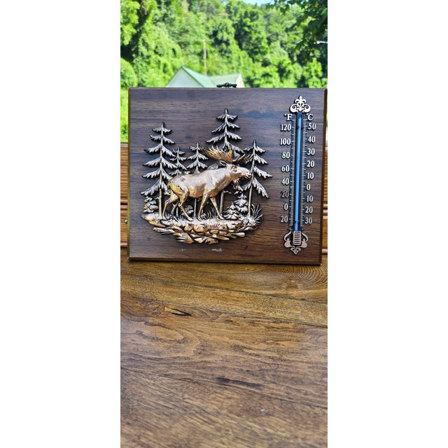 Vintage Rustic Moose Wall Thermometer on Wood Plaque – Cabin Lodge Decor For Sale - Image 4 of 12