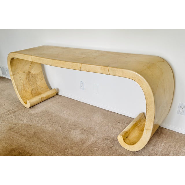 Mid-Century Modern 1970’s Karl Springer Attributed Lacquered Goatskin Console Table For Sale - Image 3 of 16
