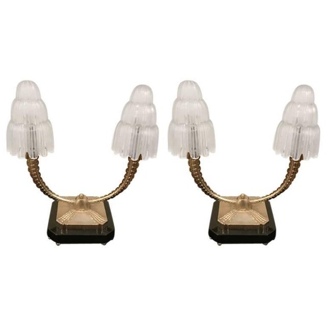 French Art Deco "Waterfall" Table Lamps Signed by Sabino - a Pair For Sale - Image 11 of 11