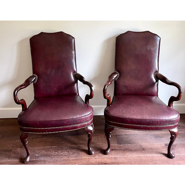 Late 20th Century Late 20th Century St. Timothy Queen Anne Style Maroon Leather Library/Office Chairs - A Pair For Sale - Image 5 of 12