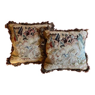 Antique 19th Century French Aubusson Tapestry Pillows With Passementerie Fringe Trim - A Pair For Sale