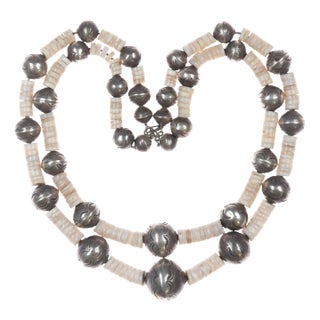 Vintage 32" Silver Navajo pearl heishi necklace or double choker For Sale