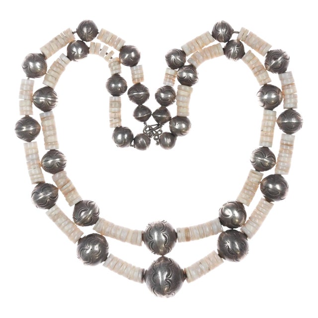 Vintage 32" Silver Navajo pearl heishi necklace or double choker For Sale