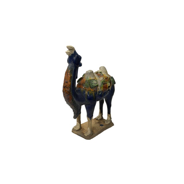 Oriental Ceramic Sancai Dark Blue Brown Beige Fengshui Artistic Camel Figure For Sale - Image 9 of 11