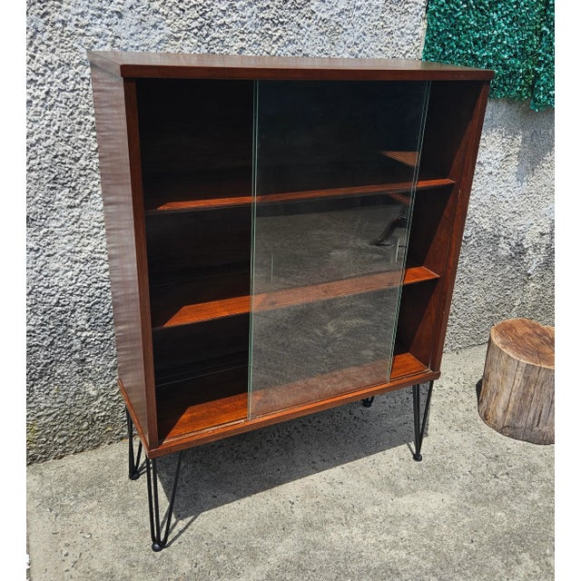 1970s 1970s Wood Cabinet With Glass Sliding Doors and Hairpin Legs For Sale - Image 5 of 12