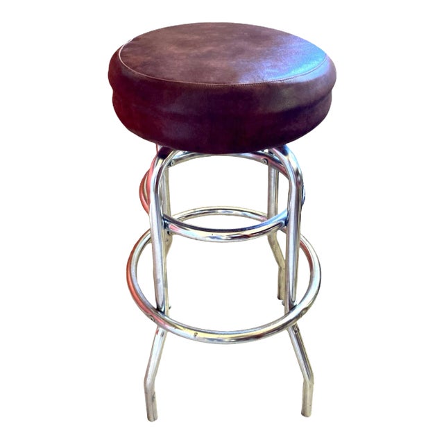1970s Armless 2 Ring Chrome Swivel Counter Stool With Round Cushioned Seat For Sale