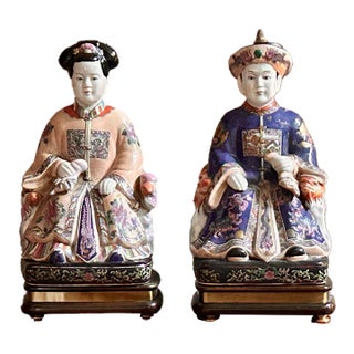 Mid-20th Century Japanese Export Famille Rose Style Emperor & Empress Statues - A Pair For Sale