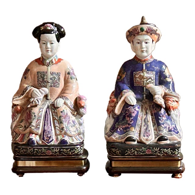 Mid-20th Century Japanese Export Famille Rose Style Emperor & Empress Statues - A Pair For Sale