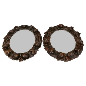 Oval Carved Walnut Picture Frames with Flowers, 1920s, Set of 2