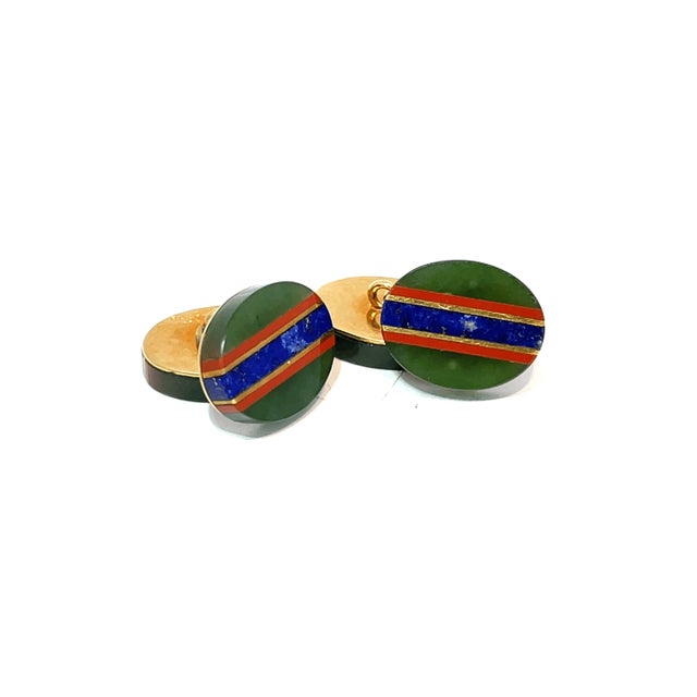 Metal Vintage Tiffany & Co. X Ralph Lauren 18k Gold Striped Inlaid Stone Cufflinks, A Pair For Sale - Image 7 of 10