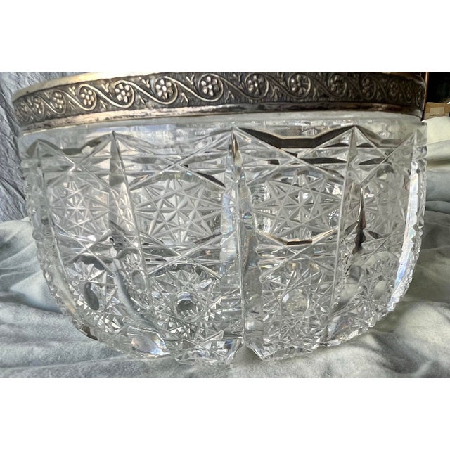 Art Nouveau Silver Rimmed Deeply Brilliant Cut Glass Round 6" Accent Bowl For Sale - Image 4 of 11