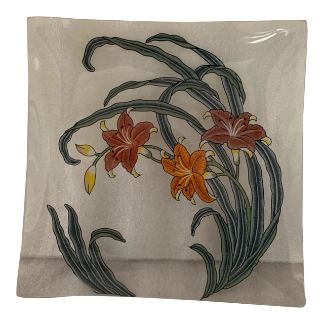 Vintage Glass Platter With Lilies For Sale