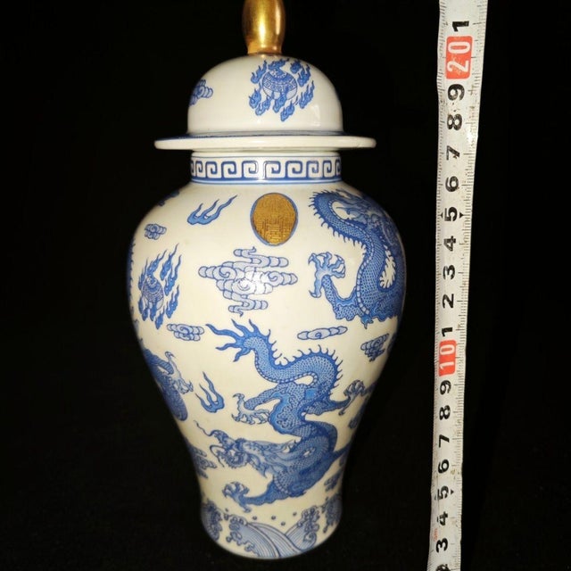 Blue and White Dragon Cloud General’s Ginger Jar With Gilded Finial, Chinoiserie Lidded Urn For Sale - Image 9 of 9