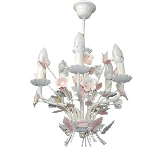 Vintage French Five Candle Chandelier with Pink Flowers by Massive, 1970s For Sale