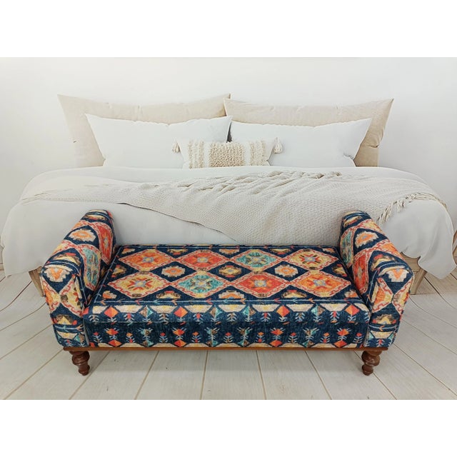 Ikat Rug Print Fabric Upholstered Armed Storage Bench For Sale - Image 9 of 9