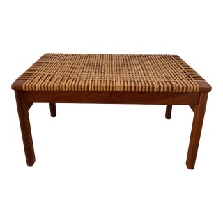 Mid-Century Modern Solid Teak Wood Bench With Original Caning For Sale