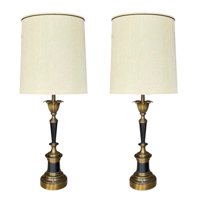 Date: Early 1960s Style: Regency Materials: Brass, Silk A pair of mid-century Regency inspired lamps by Stiffel. Each...