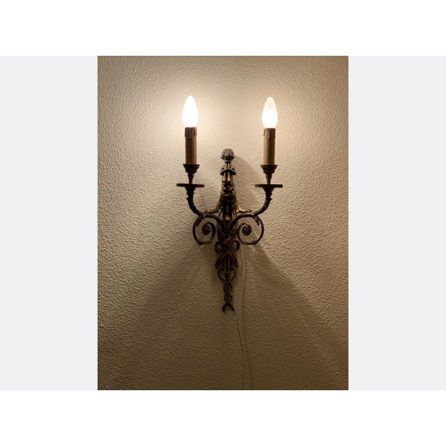 Bronze French Bronze Two Branch Cherub Playing the Flute Wall Sconces - Set of 2 For Sale - Image 8 of 9