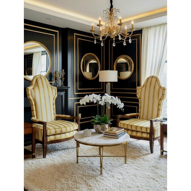 Vintage Extra Tall Chenille Gold Cream Metallic Striped Hollywood Regency Pagoda Wood Side Arm Chairs- a Pair For Sale - Image 12 of 13